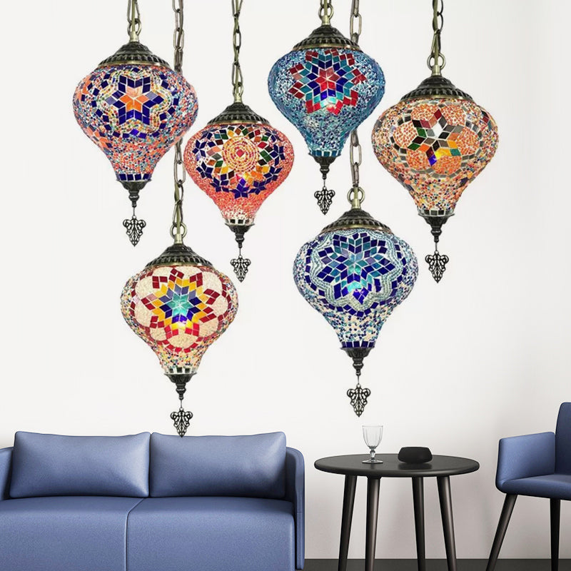 1/6 Lampenkaffeehaus Suspension Anhänger Tradition Bronze Hanging Light Kit mit Tröpfchen Buntes Glasschatten