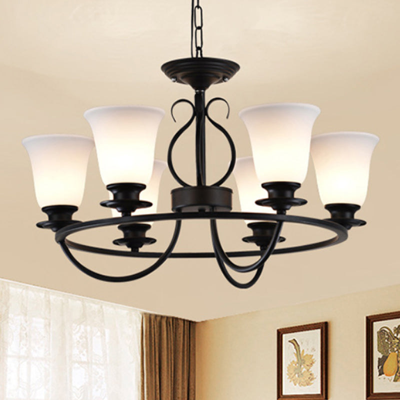 Bell Frosted Glass Chandelier Lighting Traditional 3/6/8 Lights Living Room Pendant Lighting in Black