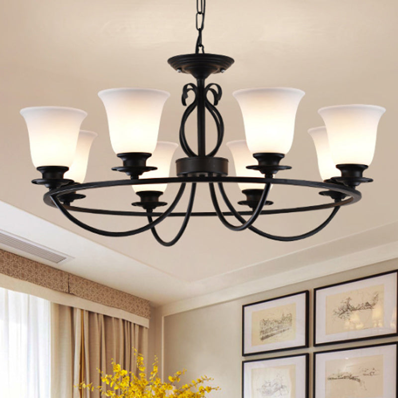 Bell Frosted Glass Chandelier Lighting Traditional 3/6/8 Lights Living Room Pendant Lighting in Black