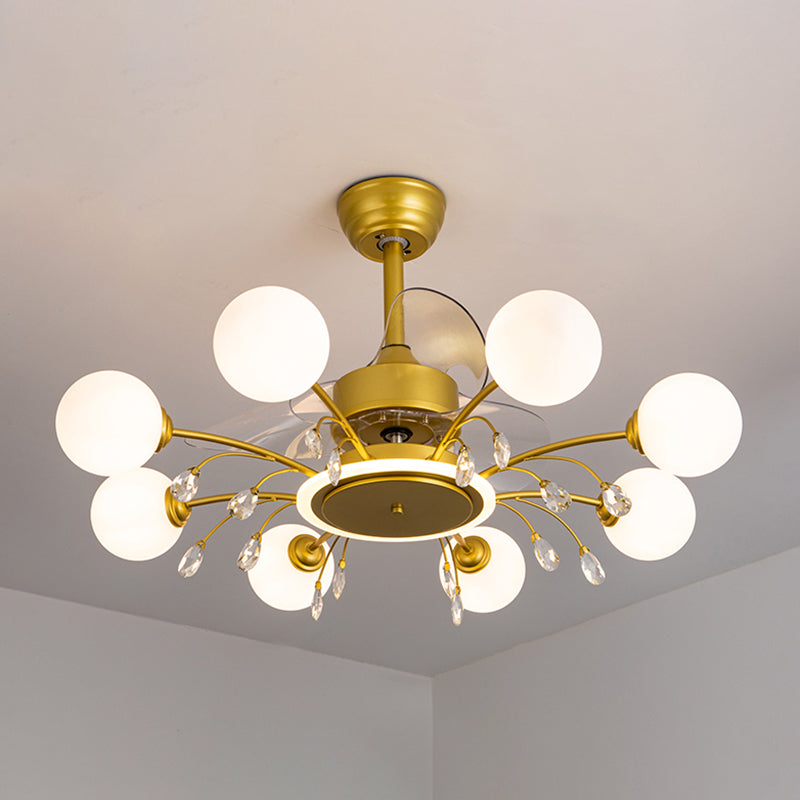 3 Blades Ball Wohnzimmer Anhänger Lüfter Leicht weißes Glas Postmoderne Fernbedienung Halbblütiglicht mit K9 -Kristallen