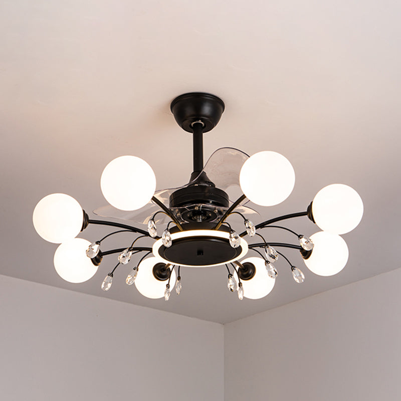 3 Blades Ball Wohnzimmer Anhänger Lüfter Leicht weißes Glas Postmoderne Fernbedienung Halbblütiglicht mit K9 -Kristallen