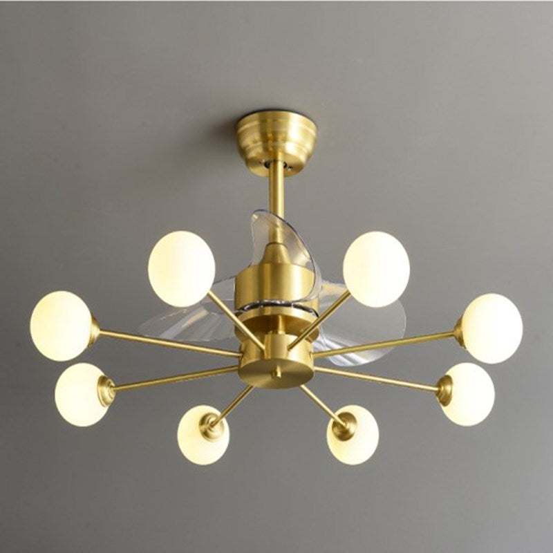 34" W Opaline Glass Ball Semi Flush Mount Lighting Postmodern Brass Remote Control Ceiling Fan Light with 3 Blades