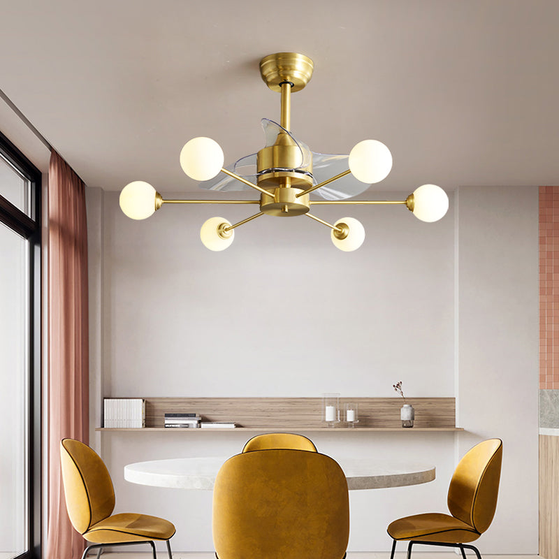 34" W Opaline Glass Ball Semi Flush Mount Lighting Postmodern Brass Remote Control Ceiling Fan Light with 3 Blades