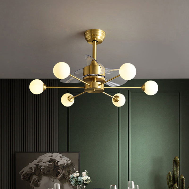 34" W Opaline Glass Ball Semi Flush Mount Lighting Postmodern Brass Remote Control Ceiling Fan Light with 3 Blades