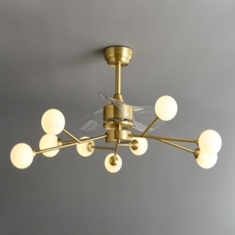 Baumzweig 3-Blade-Anhänger-Lüfterleuchten minimalistischer Ballglas Esszimmer Remote Semi-Flush-Licht in Messing, 36,5 "W.