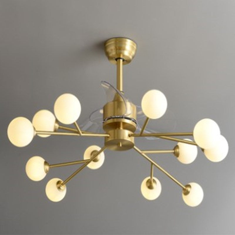 Baumzweig 3-Blade-Anhänger-Lüfterleuchten minimalistischer Ballglas Esszimmer Remote Semi-Flush-Licht in Messing, 36,5 "W.