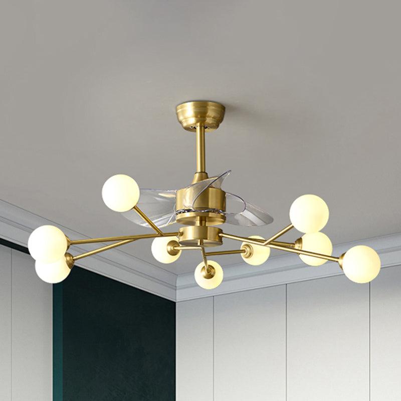 Baumzweig 3-Blade-Anhänger-Lüfterleuchten minimalistischer Ballglas Esszimmer Remote Semi-Flush-Licht in Messing, 36,5 "W.