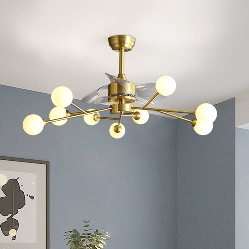 Baumzweig 3-Blade-Anhänger-Lüfterleuchten minimalistischer Ballglas Esszimmer Remote Semi-Flush-Licht in Messing, 36,5 "W.