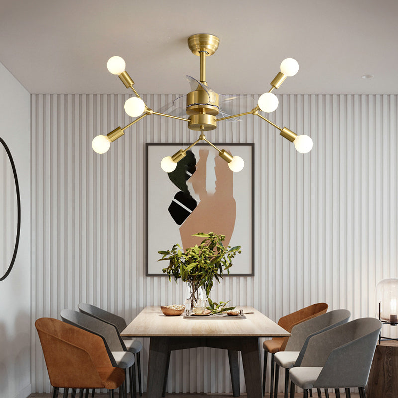 Lumo per ventilatore a soffitto postmoderno semifulon molecolare molecolare in ottone con 3 pale, 38,5 "W