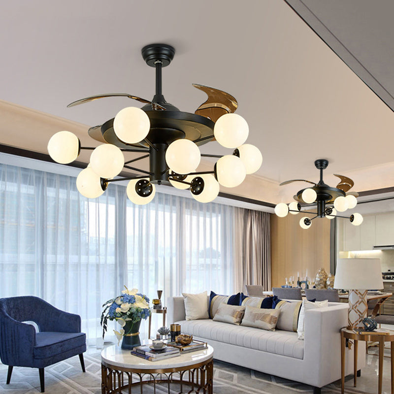 4-Blade-Sputnik Deckenlüfter Lampe Modern Opal Glass Wohnzimmer Halbblüzleuchte in Schwarz mit Fernbedienung