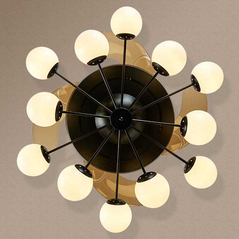 4-Blade-Sputnik Deckenlüfter Lampe Modern Opal Glass Wohnzimmer Halbblüzleuchte in Schwarz mit Fernbedienung