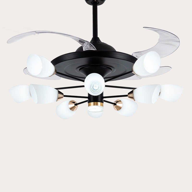Moderne Tulpe 4-Blade Hanging Lüfter hell weißes Glas 10-Kopf-Wohnzimmer halb Flush Kraut in Schwarz, 42 "W.