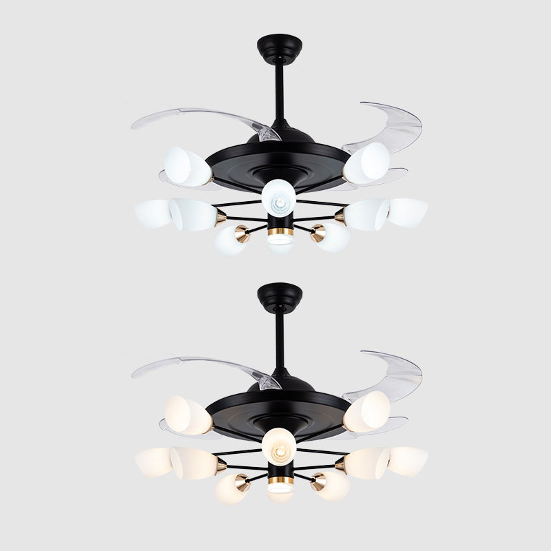 Modern Tulip 4-Blade Hanging Fan Light White Glass 10-Head Living Room Semi Flush Chandelier in Black, 42" W