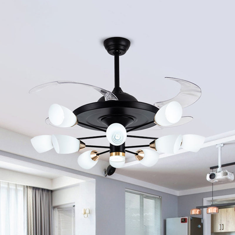 Moderne Tulpe 4-Blade Hanging Lüfter hell weißes Glas 10-Kopf-Wohnzimmer halb Flush Kraut in Schwarz, 42 "W.