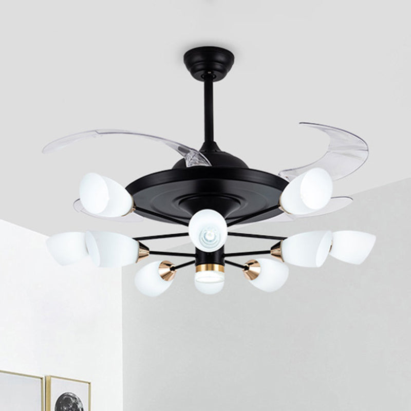 Moderne Tulpe 4-Blade Hanging Lüfter hell weißes Glas 10-Kopf-Wohnzimmer halb Flush Kraut in Schwarz, 42 "W.