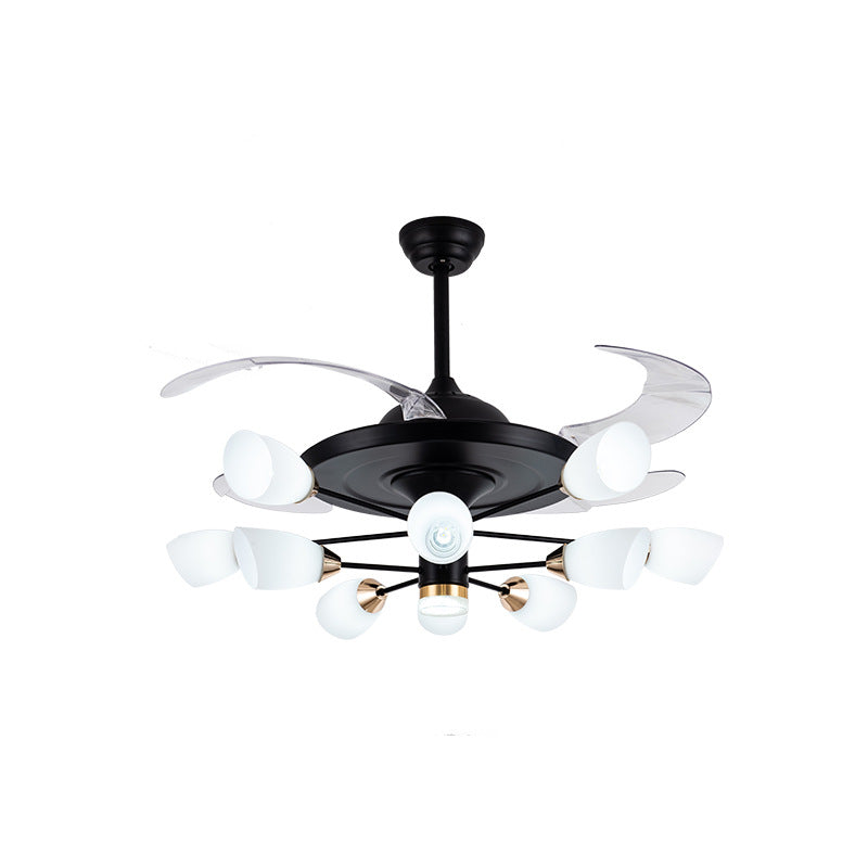 Moderne Tulpe 4-Blade Hanging Lüfter hell weißes Glas 10-Kopf-Wohnzimmer halb Flush Kraut in Schwarz, 42 "W.