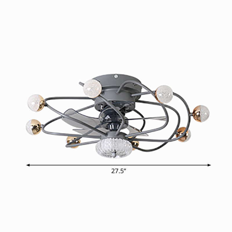 27,5 "W 5 Blades Nordic LED Semi Flush Light Ball Cage Fernbedienung Hanging Lüfter Licht mit Metallschatten