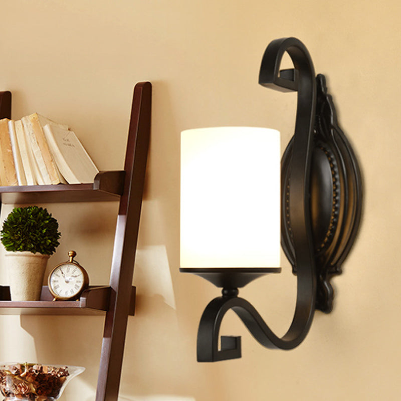 Black Cylindrical Wall Light Sconce Vintage Style Metal 1-Light Study Wall Lamp with White Glass Shade