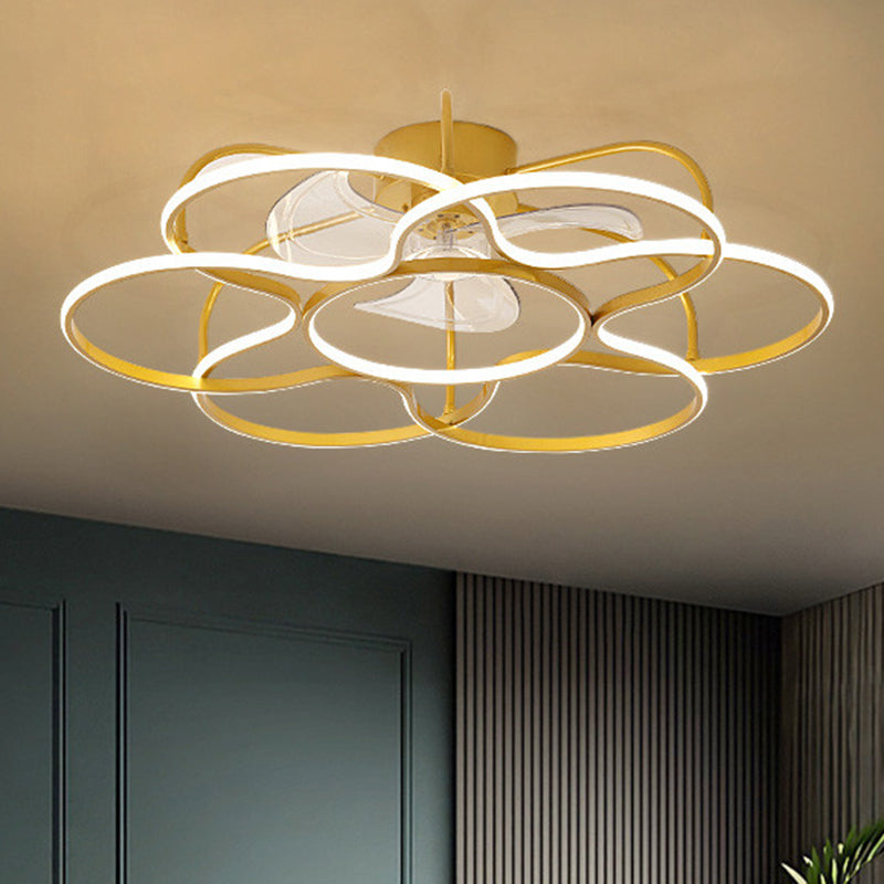 3 Blades Flower Ceiling Fan Lamp Modern Metal Remote Control LED Semi Flush Light for Dining Room