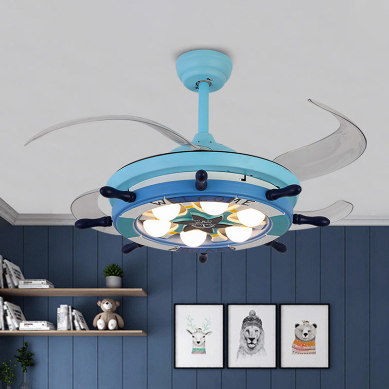 Metall Ruder Halbblush Mount Deckenleuchte Kids 42 Zoll breit LED Blue Pendant Lüfter Licht mit 4 klaren Klingen