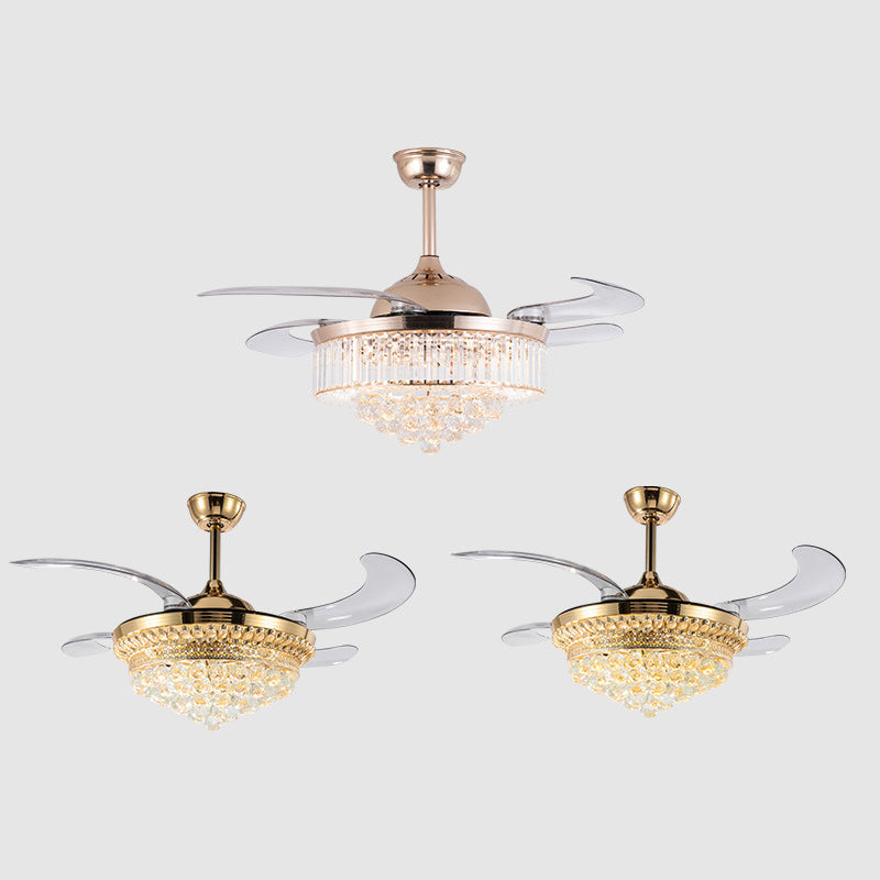 Verjüngter Kristall 4 Blades Anhänger Lüfter Licht moderne stilvolle LED-Halbblus-Deckenleuchte für Wohnzimmer