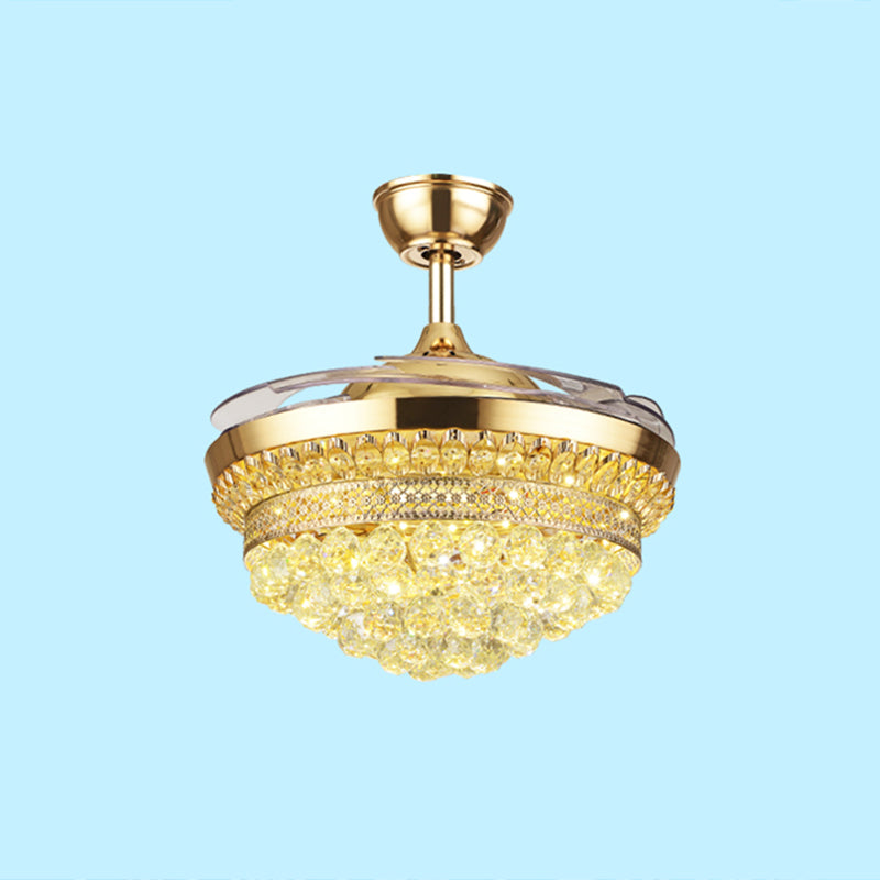 Abgestufte Kristallkugel Semi Flush Mount Light Contemporary Gold 4-Blade LED Hanging Lüfterleuchte