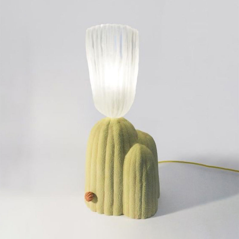 Resin Cactus Table Lamp Artistry 1-Light Nightstand Light with Floral Ribbed Glass Shade