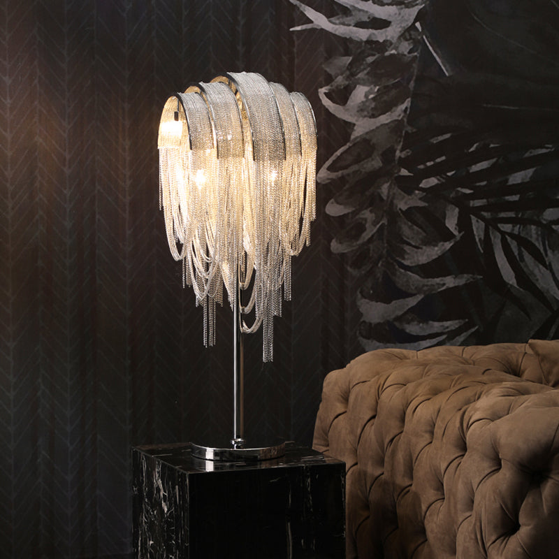 Hand-Woven Aluminum Chain Tassel Table Light Designer 2-Light Silver Accent Lamp for Living Room