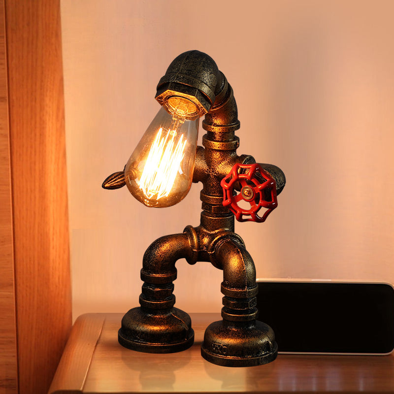 Industrial Pipe Style Night Light 1-Light Wrought Iron Accent Table Lamp in Bronze