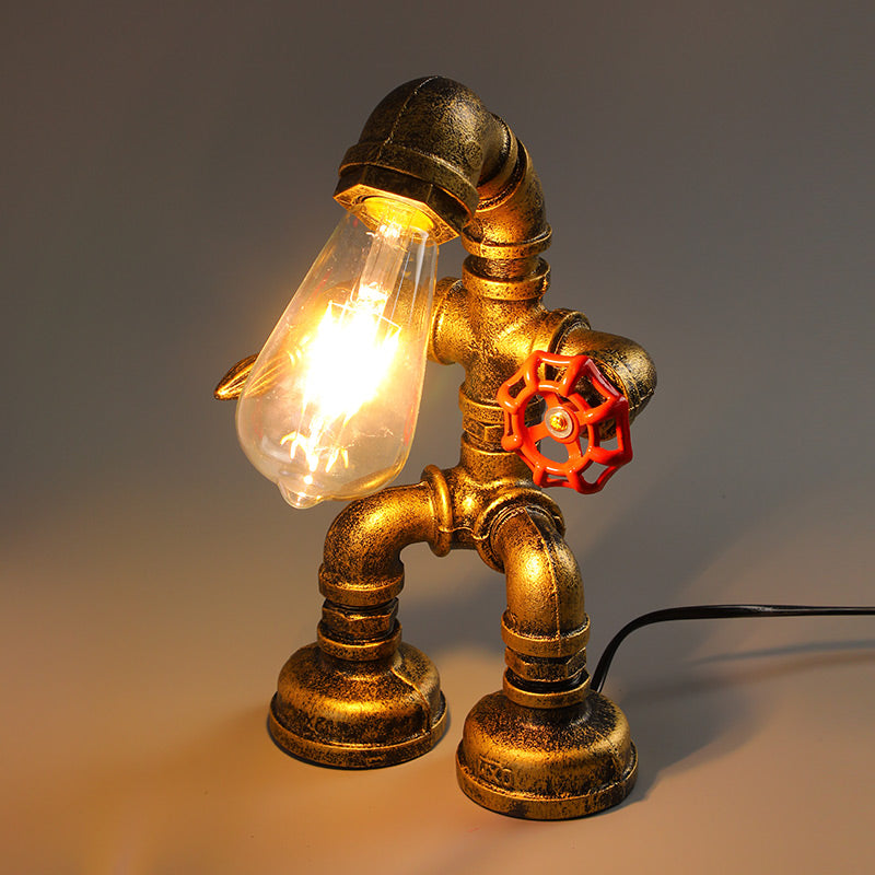 Industrial Pipe Style Night Light 1-Light Wrought Iron Accent Table Lamp in Bronze