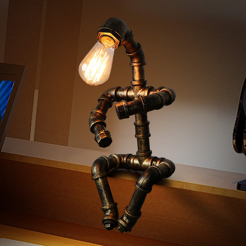 Industrial Pipe Style Night Light 1-Light Wrought Iron Accent Table Lamp in Bronze