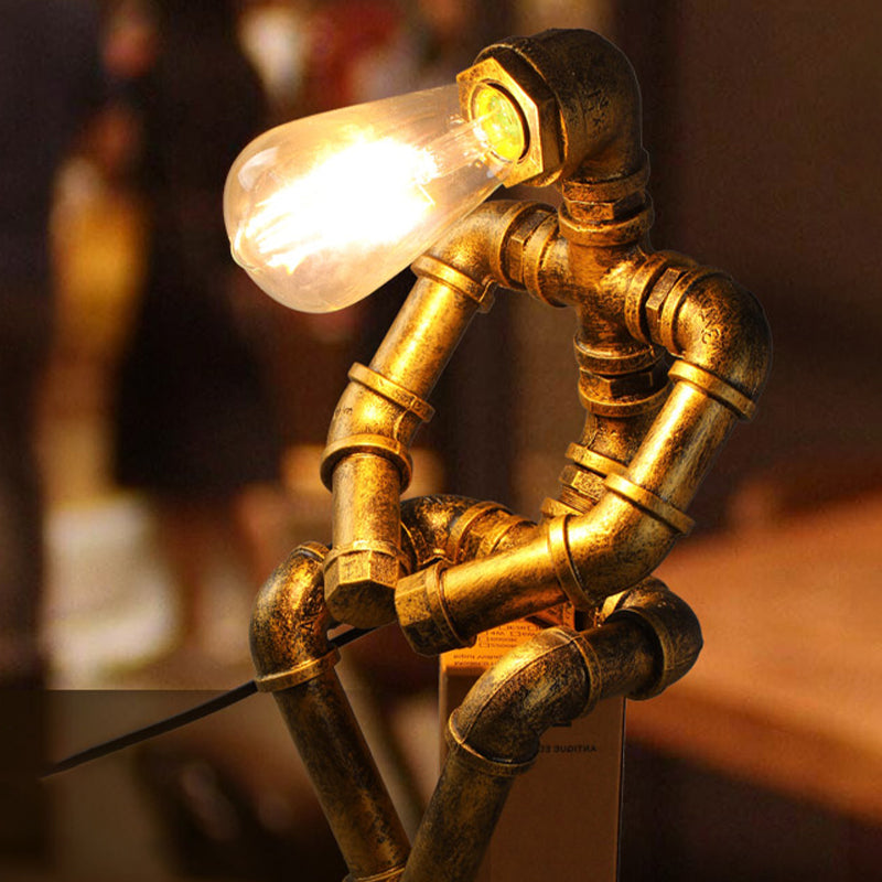 Industrial Pipe Style Night Light 1-Light Wrought Iron Accent Table Lamp in Bronze