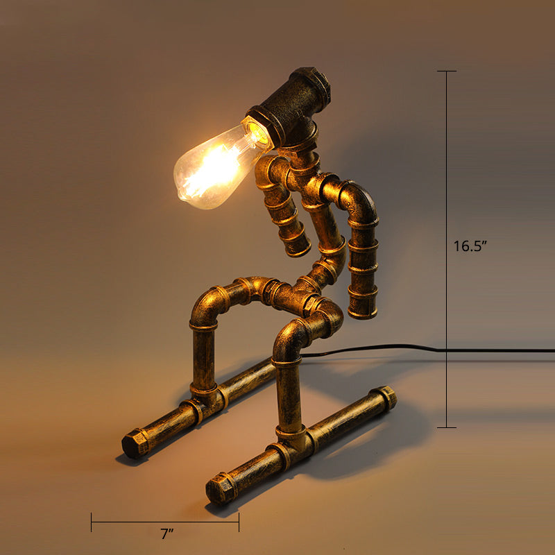 Industrial Pipe Style Night Light 1-Light Wrought Iron Accent Table Lamp in Bronze