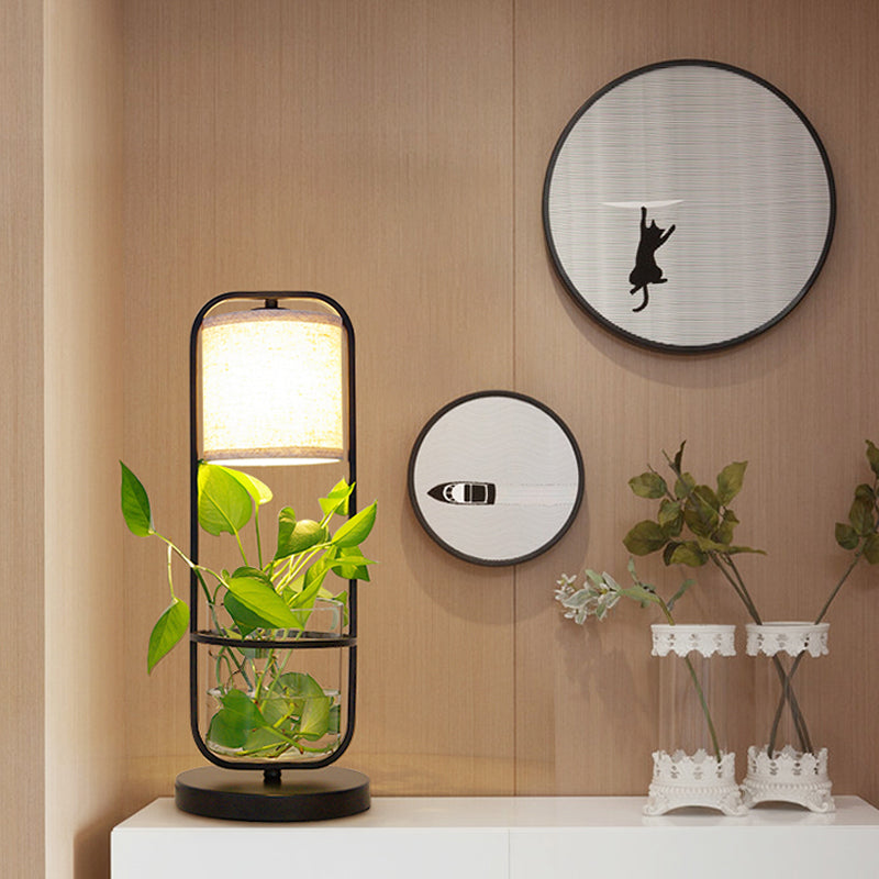 Lampada da tavolo cilindrica in tessuto Art Déco con 1 lampadina, lampada da notte nera con barattolo di vetro trasparente