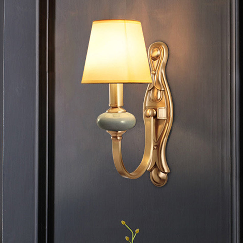 Fabric Brass Wall Sconce Tapered Shade 1 Light Vintage Wall Mount Light Fixture for Living Room