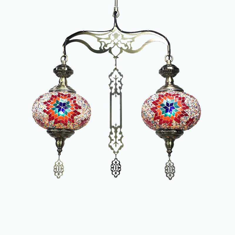 Global Chandelier Lamp Traditional 2 Heads Red/Blue Glass Ceiling Pendant Light for Hallway