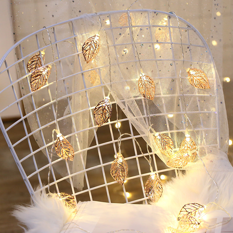 Gold Leaf Shape LED Fairy Light Modern Style Iron Battery String Lighting for Bedroom