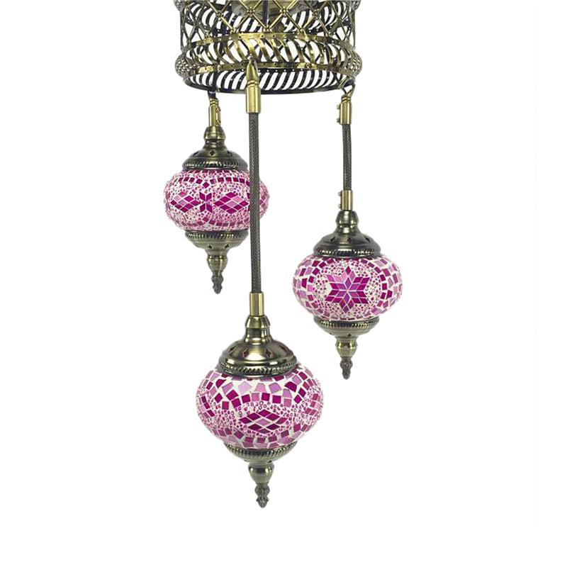 3 Bulbs Sphere Ceiling Chandelier Tradition Pink/Red-Blue-Coffee Glass Suspended Lighting Fixture