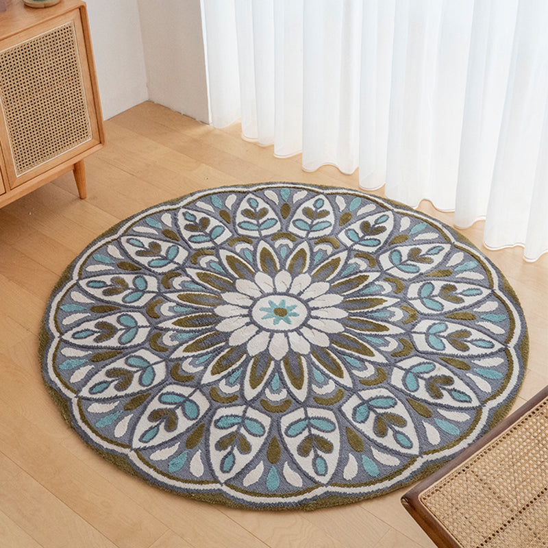 Green-Blue Bedroom Rug Moroccan Floral Printed Indoor Rug Super Fiber Non-Slip Pet Friendly Area Carpet