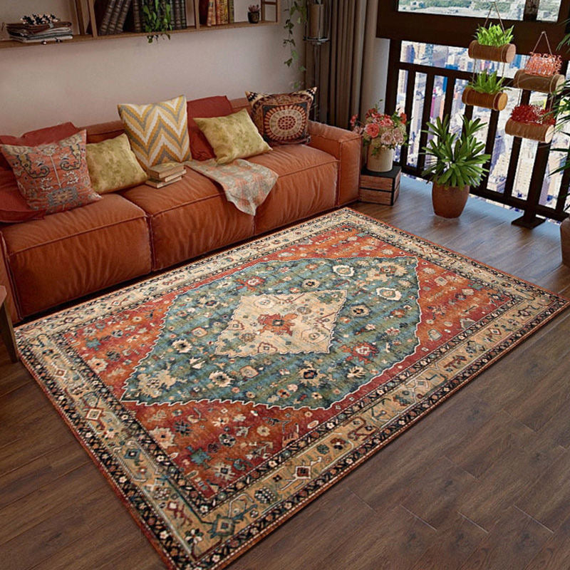 Multi Color Living Room Rug Persian Geometric Printed Indoor Rug Cotton Blend Anti-Slip Easy Care Area Carpet