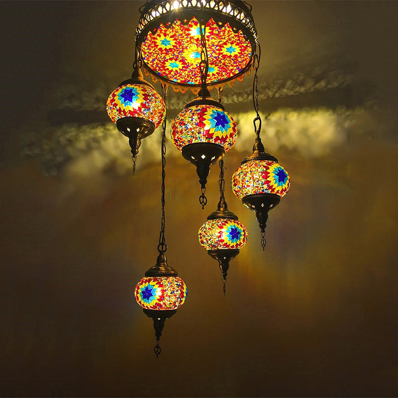 Ball Verre coloré Pagniseur de lustre Retro 6 têtes Plafond de bronze Light pour restaurant