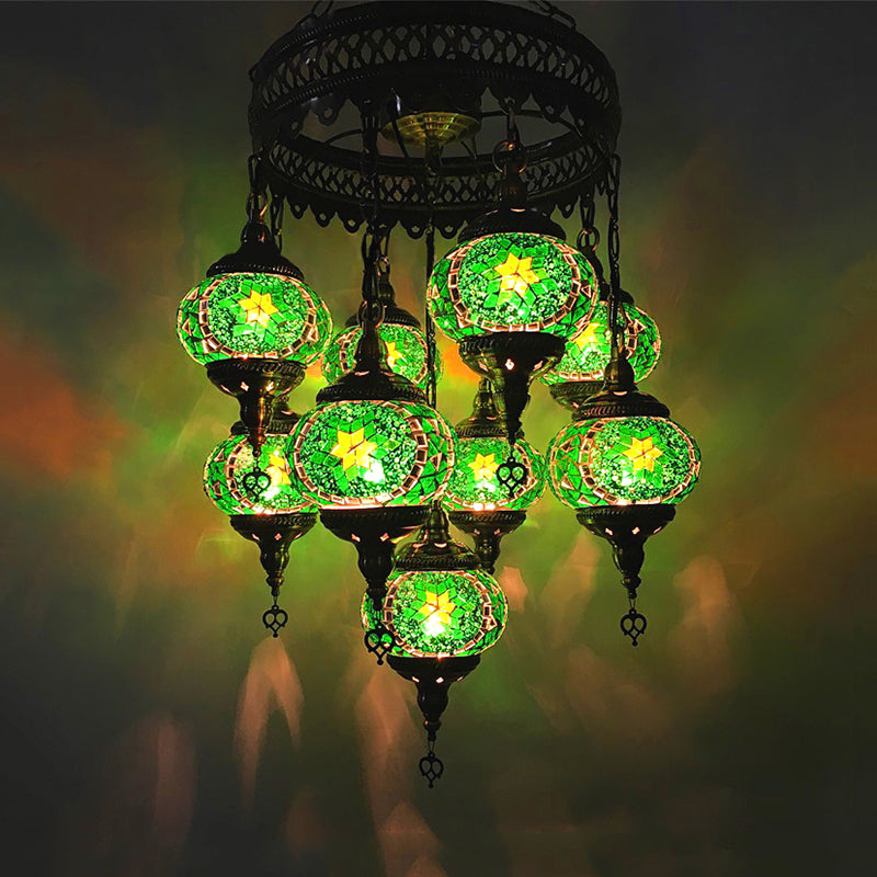 Ball Hanging Chandelier Traditionary Sky Blue/Green/Royal Blue Glass 9 Heads Ceiling Light Fixture for Living Room