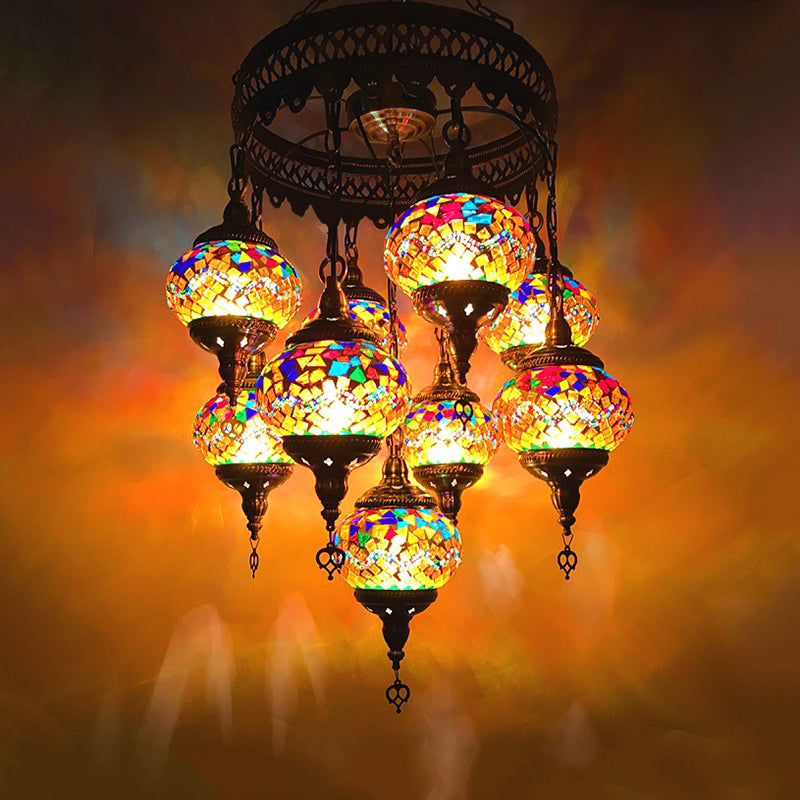 Kugel Kronleuchter leichter Retro Rot/Rosa/Orange/Wassermelone Rotglas 9 Köpfe Hängende Lampe für das Restaurant