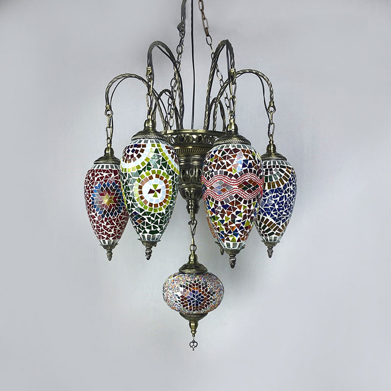 7 Bulbs Coffee House Hanging Chandelier Tradition Ceiling Pendant Light with Droplet Colorful Glass Shade