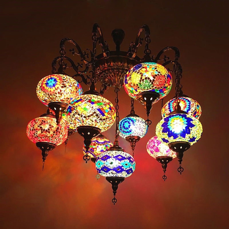 Curved Arm Metal Chandelier Antique 11 Heads Bronze Hanging Light Kit with Global Colorful Glass Shade
