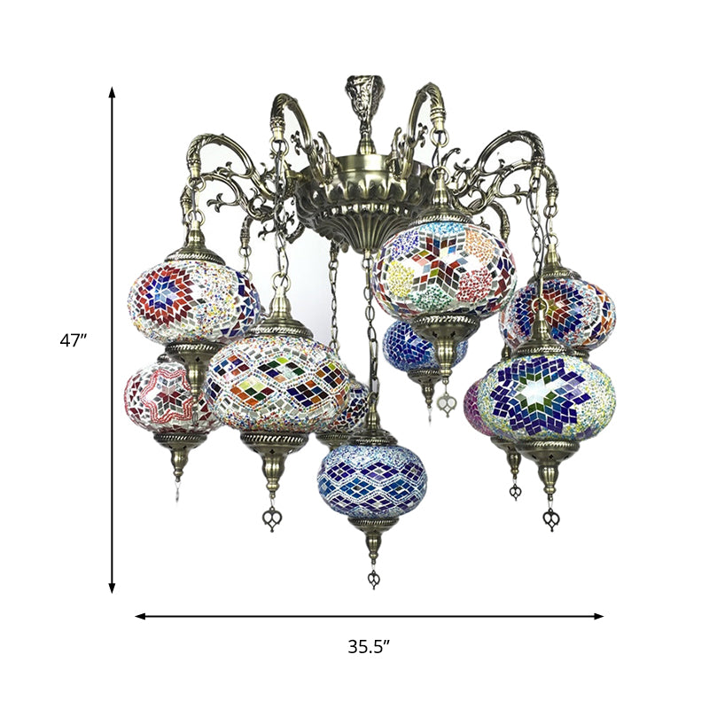 Curved Arm Metal Chandelier Antique 11 Heads Bronze Hanging Light Kit with Global Colorful Glass Shade