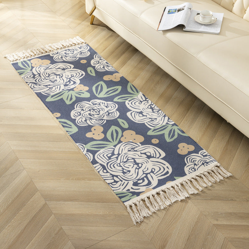 Modern Plant Printed Rug Multi-Colored Jute Area Carpet Easy Care Pet Friendly Stain-Resistant Indoor Rug with Tassel for Bedroom