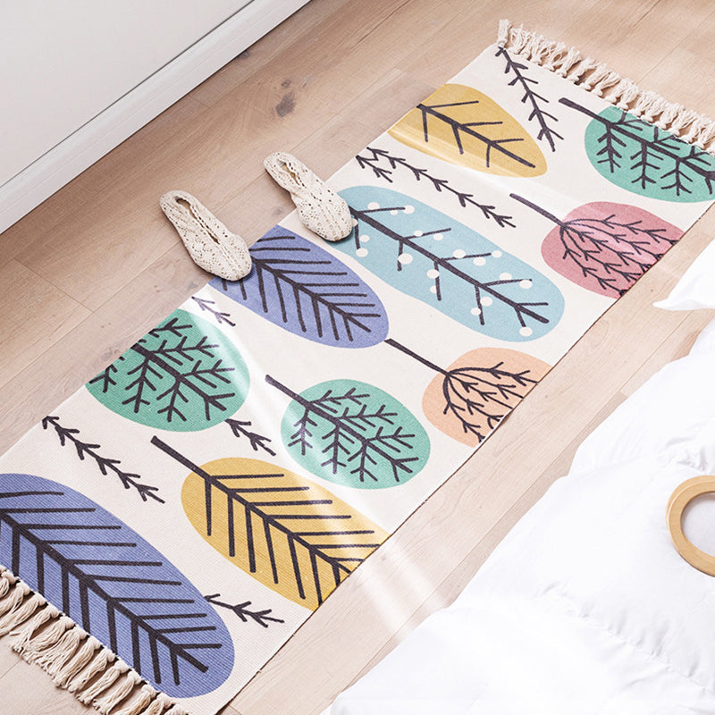 Modern Plant Printed Rug Multi-Colored Jute Area Carpet Easy Care Pet Friendly Stain-Resistant Indoor Rug with Tassel for Bedroom