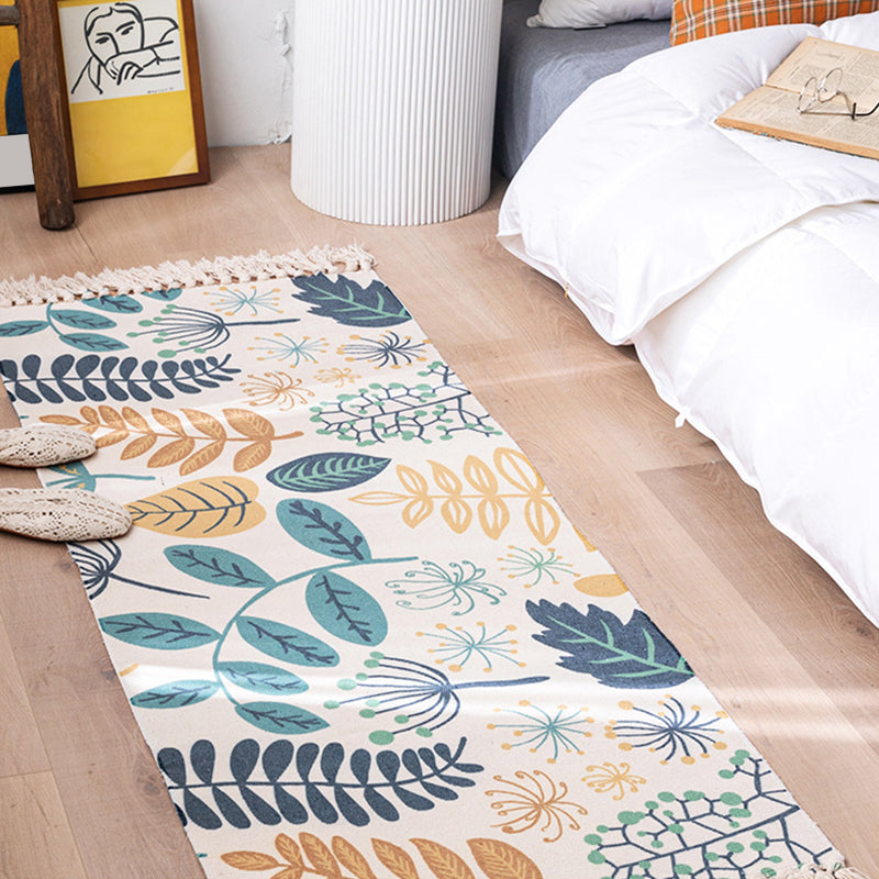 Modern Plant Printed Rug Multi-Colored Jute Area Carpet Easy Care Pet Friendly Stain-Resistant Indoor Rug with Tassel for Bedroom