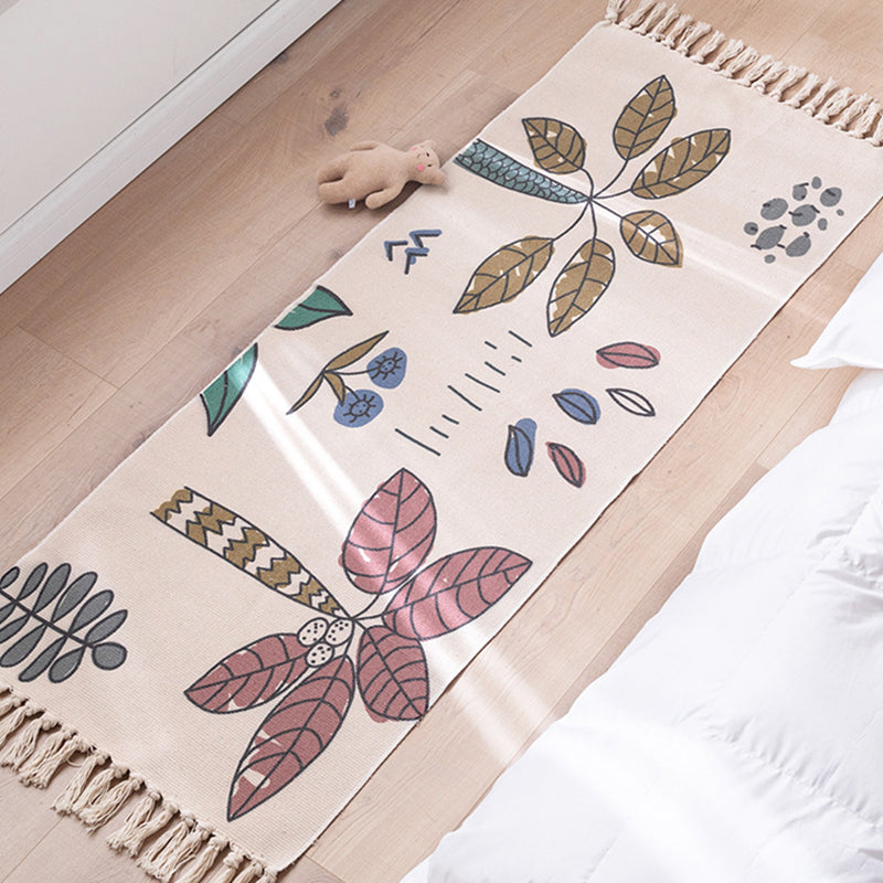Modern Plant Printed Rug Multi-Colored Jute Area Carpet Easy Care Pet Friendly Stain-Resistant Indoor Rug with Tassel for Bedroom
